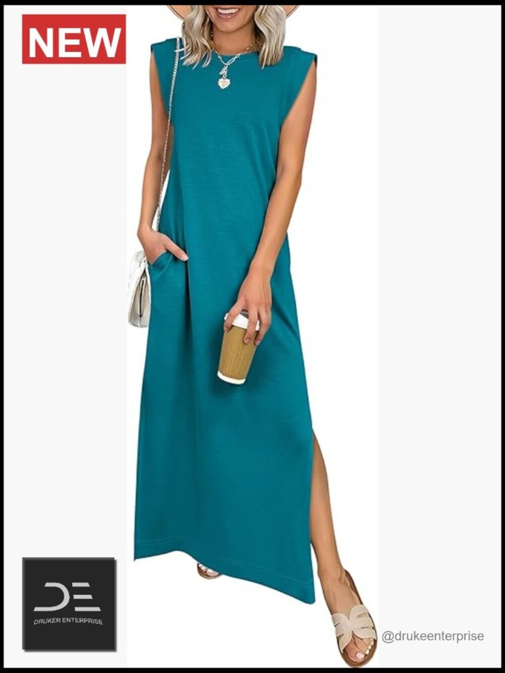 Sleeveless Maxi Dress Crewneck Loose Split Wrinkle-Free Travel Vacation Long